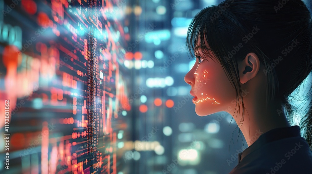 Poster digital market data visualization with person analyzing trends