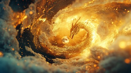 Golden dragon of fire emerging from swirling clouds of smoke and flames, with a glowing orb in its mouth.