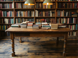Wooden table laden with books sits in a library with extensive bookshelves and pendant lights.