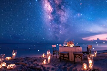 Obraz premium Amazing beach dinner setting under Milky Ways night sky. Luxury destination dining, honeymoon or anniversary dinner, flowers and candles for the best romantic experience. Stunning colorful outdoors. M