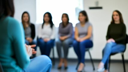 Psychologist leading group therapy session, providing support and guidance to women sitting in circle, discussing mental health and emotional wellbeing
