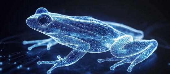 Digital frog, glowing lines, blue translucent, technology.