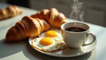 Close-up of delicious breakfast: freshly baked croissants, eggs and a mug of hot coffee on the kitchen table