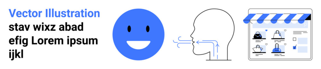 Blue happy face, outline of head speaking, and a storefront graphic with product icons. Ideal for e-commerce, customer feedback, user interface, communication, online retail, digital marketing