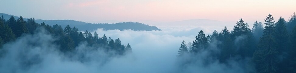 Fototapeta premium Fog wraps around pine trees like a damp shroud, fog, scenery