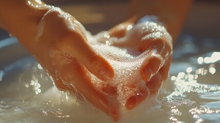 Fototapeta premium Close-up image of hands washing with soapy water. Rich lather and bubbles visible. Close-up of hands washing with soap and water