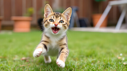 a cute cat playing in the backyard, with a cheerful and adorable expression.