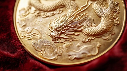 Close-up of a golden dragon coin on red velvet.