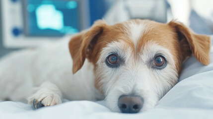 A dog lying in a veterinary clinic while being monitored with medical equipment to assess its condition, highlighting the importance of animal health diagnostics.