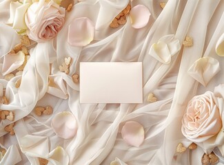 Romantic floral arrangement with pastel roses, delicate petals, and a blank card for heartfelt messages or invitations