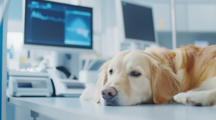 A dog lying in a veterinary clinic while being monitored with medical equipment to assess its condition, highlighting the importance of animal health diagnostics.