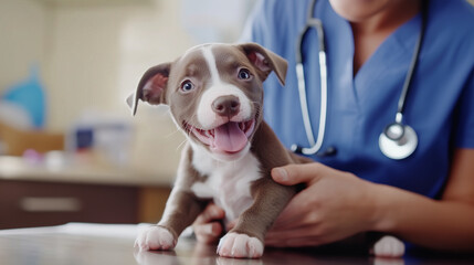 A compassionate veterinarian using a stethoscope to check the heartbeat of a happy puppy, showing the gentle care provided in a veterinary clinic.