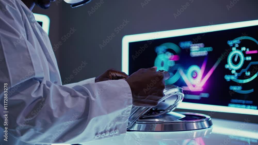 Poster engineer working on advanced technology display in a modern lab setting during a late evening projec