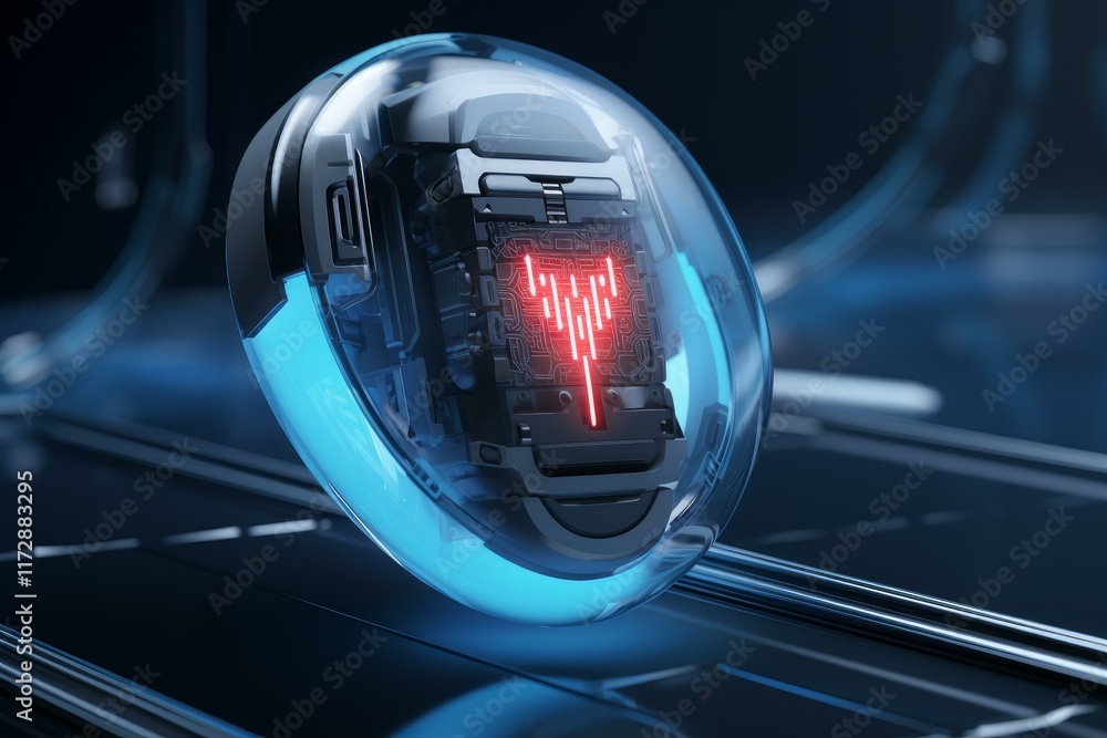 Poster futuristic device with glowing red signal on circuit board inside glass sphere, showcasing advanced 