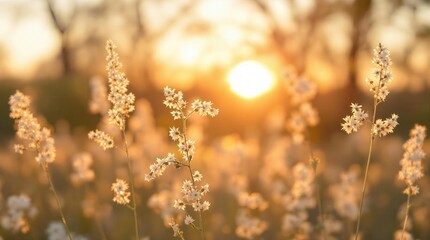 Serene wildflowers in the golden glow of a tranquil sunrise