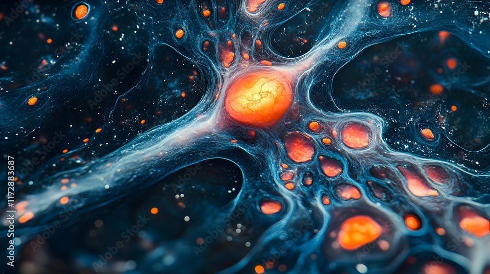 Poster intricate abstract artwork depicting a neural network. vivid orange and deep blue create a dynamic v