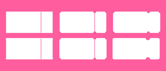 Set of white ticket mockups with ruffle edges and shadows. Empty template. Concert, movie or theater ticket. Boarding blank, lottery, sale coupon