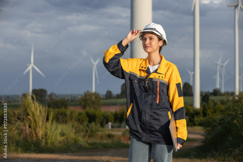 Poster Female engineer wind turbine worker survey operational planning windmill clean renewable energy technology for future. Alternative technology protect environment reduce global warming problems.