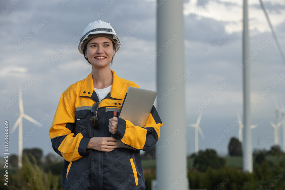 Aufkleber female engineer wind turbine worker survey operational planning windmill clean renewable energy tech