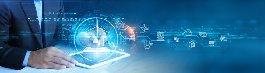 Banking. Businessman holding and using a digital tablet device with secure transaction processing, innovative digital banking solutions, real-time account access, financial data analytics concept.
