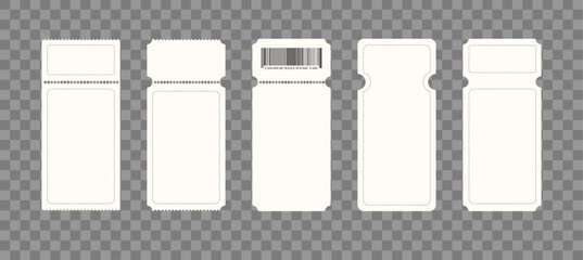 Mockup of coupon or ticket to concert and airplane with paper texture, separation point and barcode. Realistic 3d vector set of white blank vertical discount or lottery raffle voucher template.