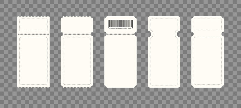 Mockup of coupon or ticket to concert and airplane with paper texture, separation point and barcode. Realistic 3d vector set of white blank vertical discount or lottery raffle voucher template.