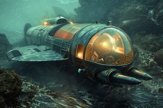 Antique submarine is traversing a stormy alien ocean floor
