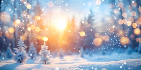 Frosty winter wonderland scene with snowflakes gently falling, blurred bokeh lights twinkling in the background, and a serene forest landscape covered in snow and ice.