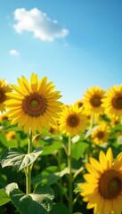 Obraz premium Field of tall sunflowers in full bloom with bright yellow petals, sunshine, warm weather