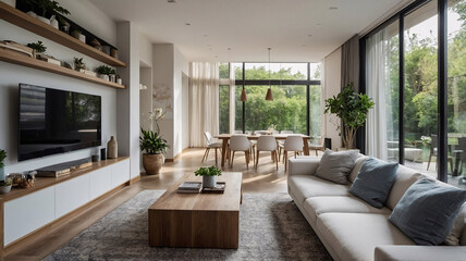 Naklejka premium Classic traditional rural living room with neutral sofa large windows and soft wool rug beneath the furniture traditional interior design