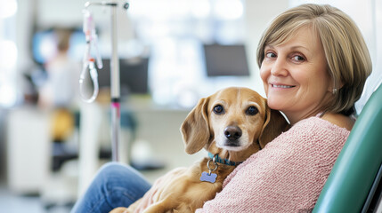 A pet owner holding their dog with an IV dropper attached, sitting in a veterinary clinic. The scene emphasizes compassionate care and the medical attention provided to pets in nee