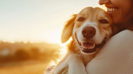 A happy dog and its owner sharing a loving embrace in a natural setting, with golden hour lighting enhancing the warmth of their bond. Perfect for pet adoption campaigns, animal we