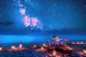 Amazing beach dinner setting under Milky Ways night sky. Luxury destination dining, honeymoon or anniversary dinner, flowers and candles for the best romantic experience. Stunning colorful outdoors. M