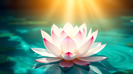Extremely powerful shiny lotus flower with reiki energy in a beautiful turquoise water environment chakras balance white spiritual shining her light otherworldly. Generative AI