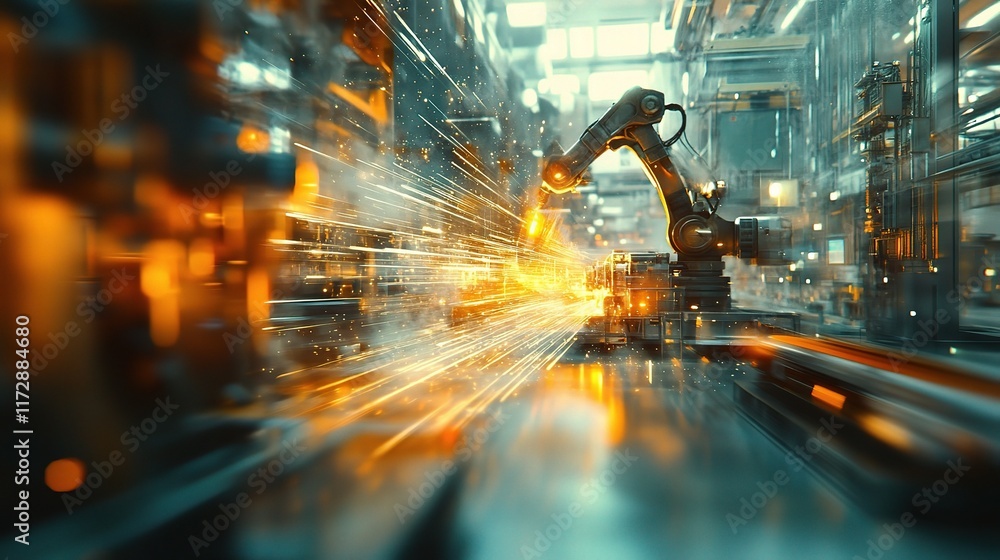 Poster blurry factory floor with robot in action and sparks flying