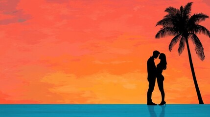 Fototapeta premium A concert stage with a couple embracing in a romantic sunset. High Quality