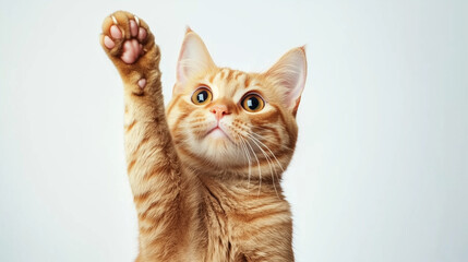 Obraz premium A cute, golden-hued cat captured in a friendly and curious pose, lifting its paw slightly, with its fur glowing against a pure white background. Great for animal care branding, pet