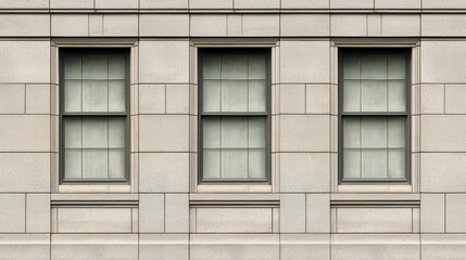 Fototapeta premium Architectural Detail of Three Symmetrical Windows on Stone Wall