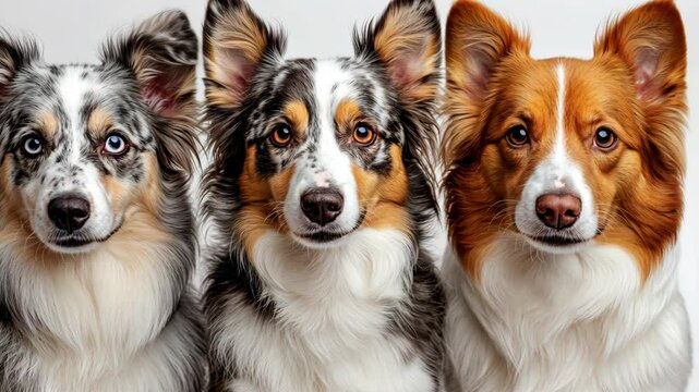 Multiple dogs with distinct fur patterns during a studio portrait session showcasing their unique features and expressions