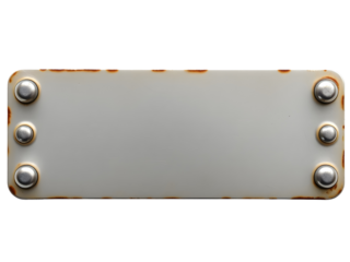 A rectangular metal plate with a weathered, worn surface and a row of shiny rivets along each edge. The plate appears aged and industrial, possibly salvaged or repurposed