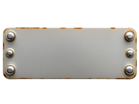 A rectangular metal plate with a weathered, worn surface and a row of shiny rivets along each edge. The plate appears aged and industrial, possibly salvaged or repurposed