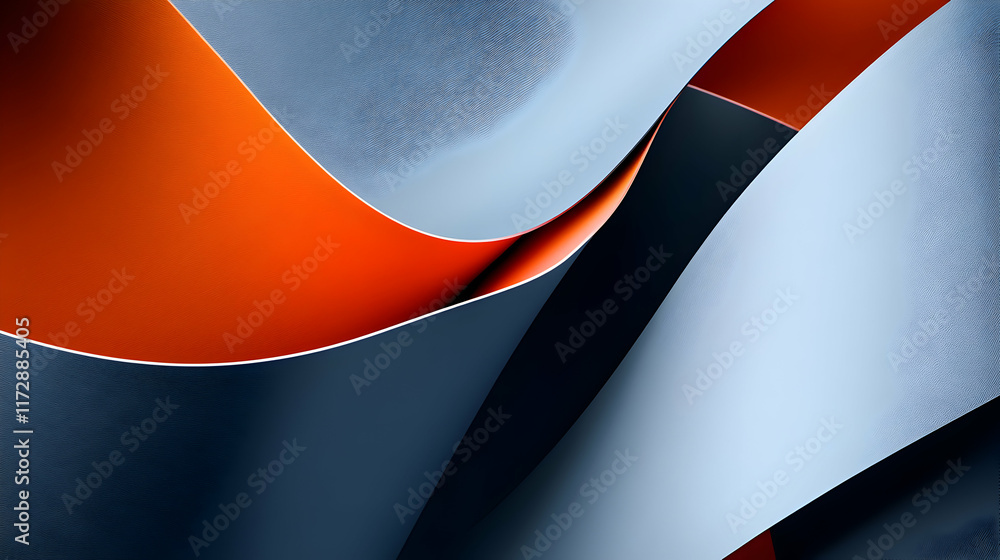 Poster abstract image of swirling orange, grey, and dark blue paper creating a dynamic and visually interes