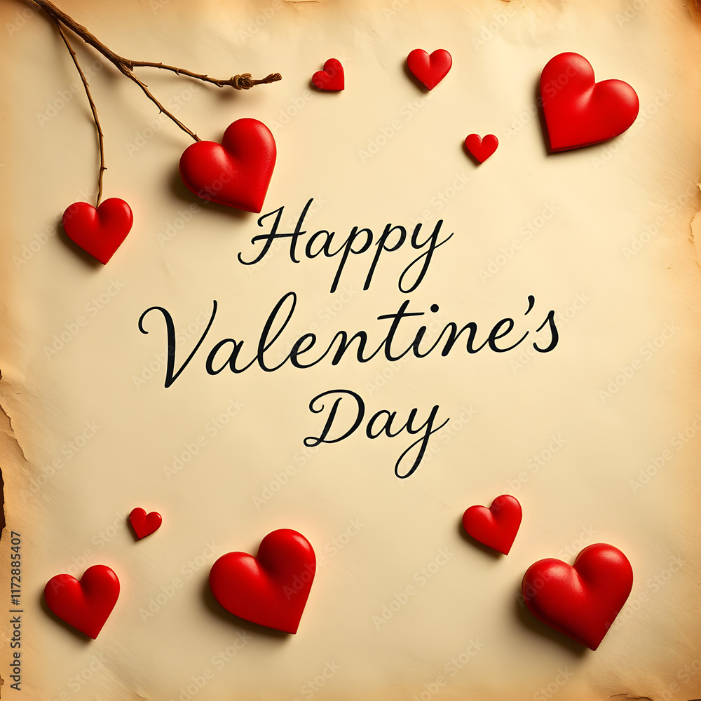 Fototapete happy valentine's day handwritten in elegant script on aged textured parchment adorned with delicate