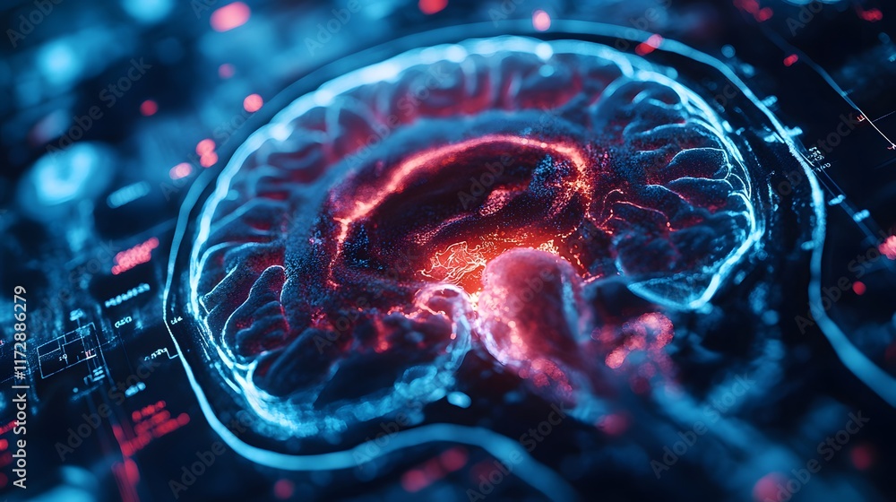 Poster abstract neural network. brain scan show changes close-up of a vibrant digital brain scan, showcasin