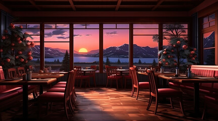 Fototapeta premium An illustration of a restaurant with a view of a lake, mountains, and a sunset