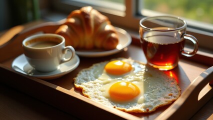 A beautifully arranged breakfast tray with eggs, flaky croissants, and a cup of espresso, served with a view of morning sunlight streaming in