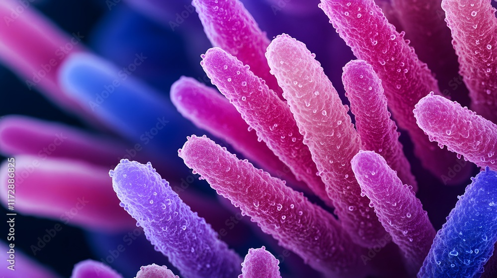 Poster close-up view of a vibrant bacterial colony under a microscope. the image shows intricate details of