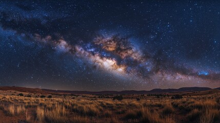 A stunning panoramic view of the Milky Way galaxy illuminating a dark sky over a tranquil landscape of grassland and distant mountains.