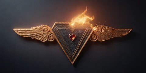 A gold heart with a diamond in the middle and a fire in the background