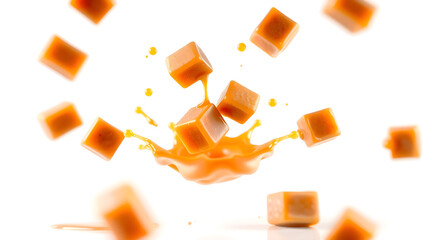 Flying caramel candies isolated on white background. Floating caramel cubes with melting splash of caramel. isolated on white background. Generative AI